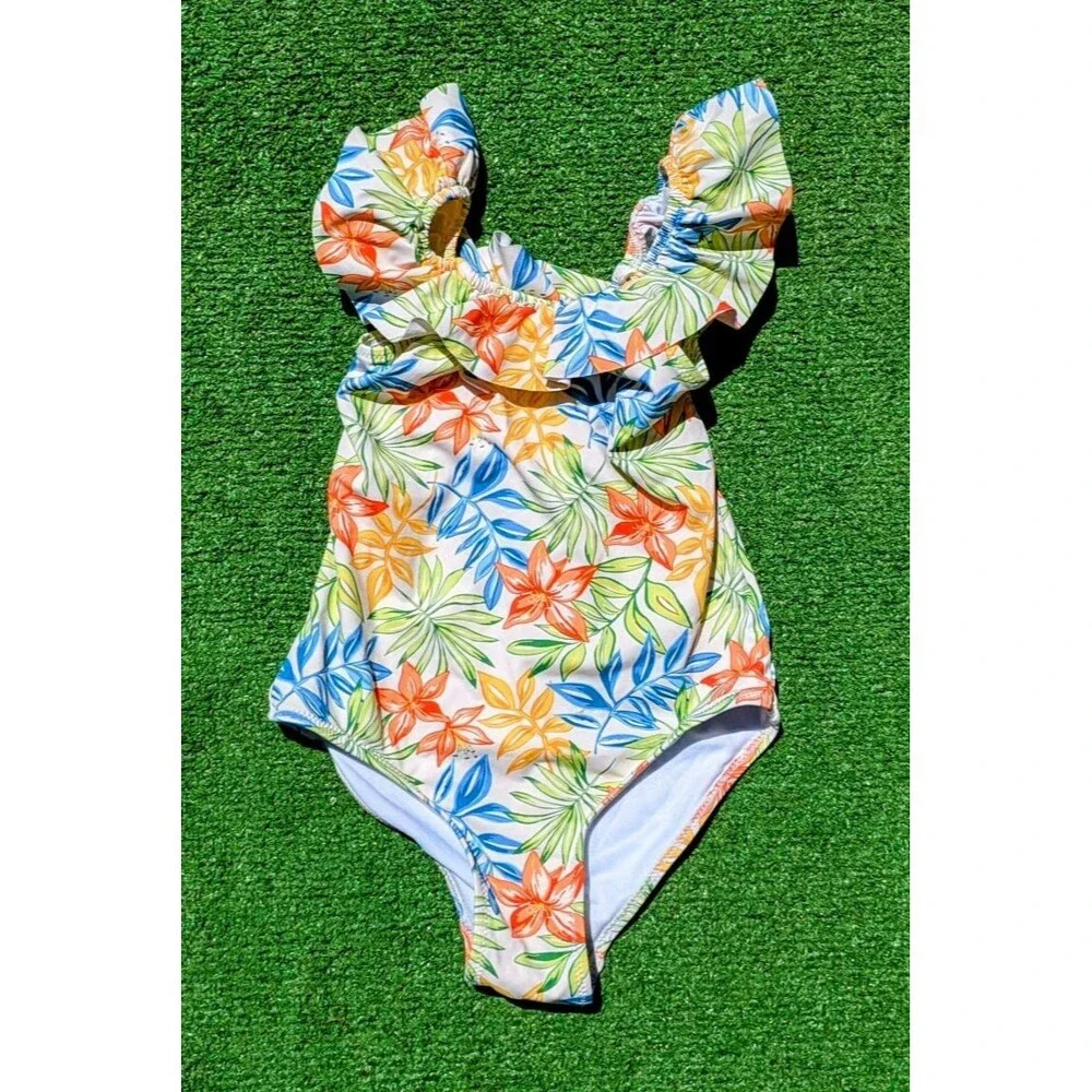 Tropical Floral Kids Zara Girls One-Piece Smocked Ruffle Swimsuit 8-9 Years EUC